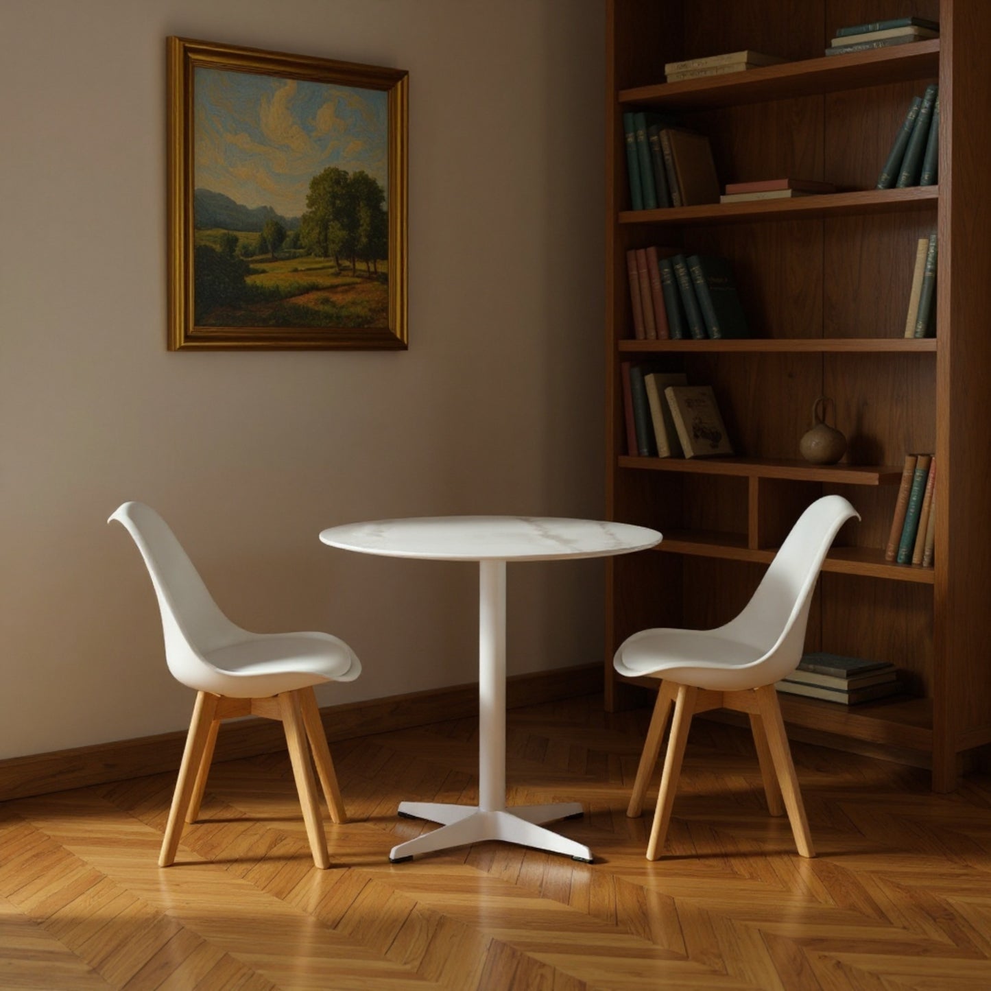 DEJINBU 3pcs Table Set 1x 80CM Faux Marble White Round Table With 2x White PP Padded Chair For Home Cafe Office Apartment