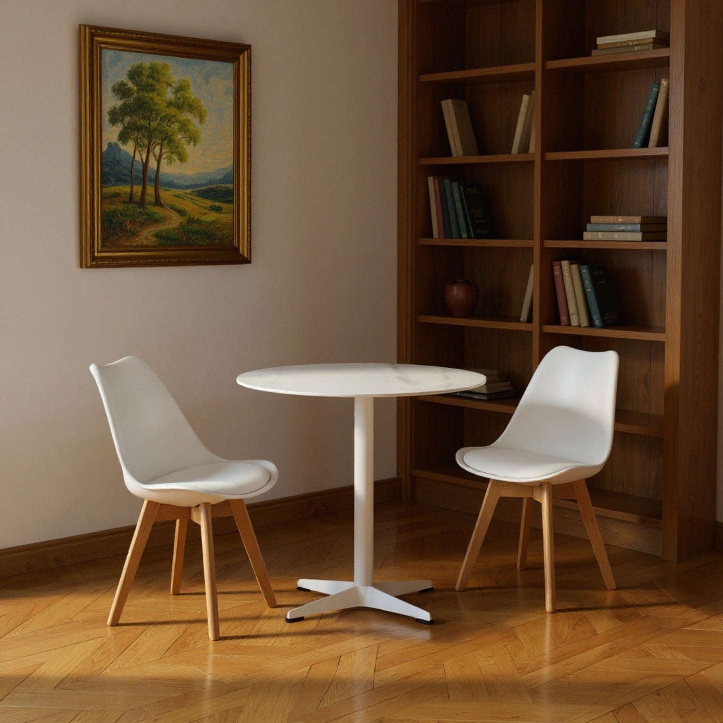 DEJINBU 3pcs Table Set 1x 80CM Faux Marble White Round Table With 2x White PP Padded Chair For Home Cafe Office Apartment