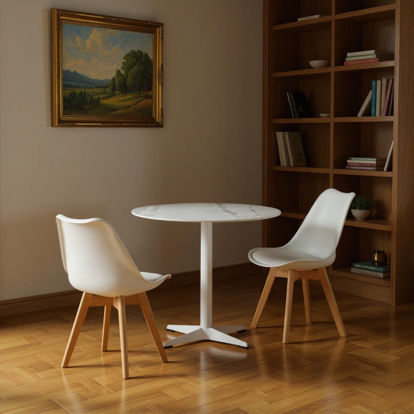 DEJINBU 3pcs Table Set 1x 80CM Faux Marble White Round Table With 2x White PP Padded Chair For Home Cafe Office Apartment