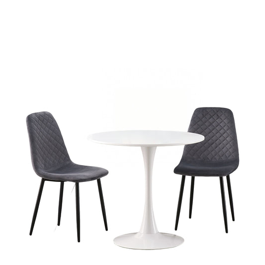 DEJINB 3pcs Table Set 1x 80CM White Tulip Table With 2x Grey Velvet Dining Chair For Home Cafe Office