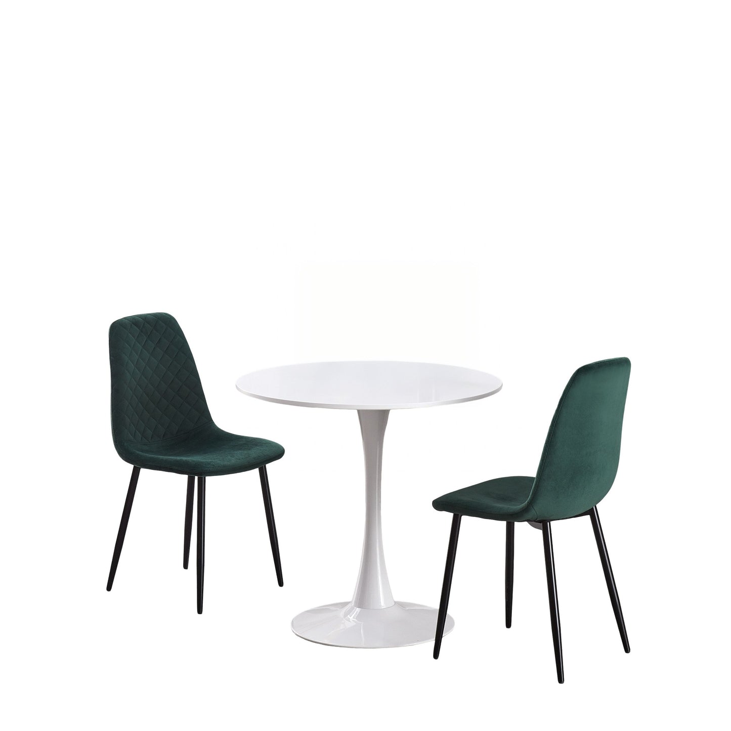 DEJINB 3pcs Table Set 1x 80CM White Tulip Table With 2x Green Velvet Dining Chair For Home Cafe Office