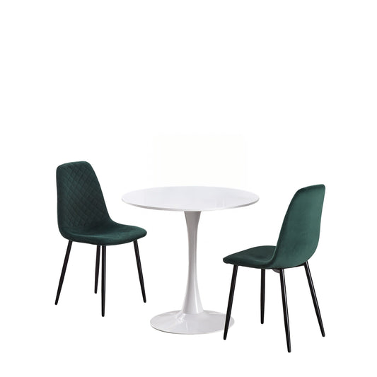 DEJINB 3pcs Table Set 1x 80CM White Tulip Table With 2x Green Velvet Dining Chair For Home Cafe Office