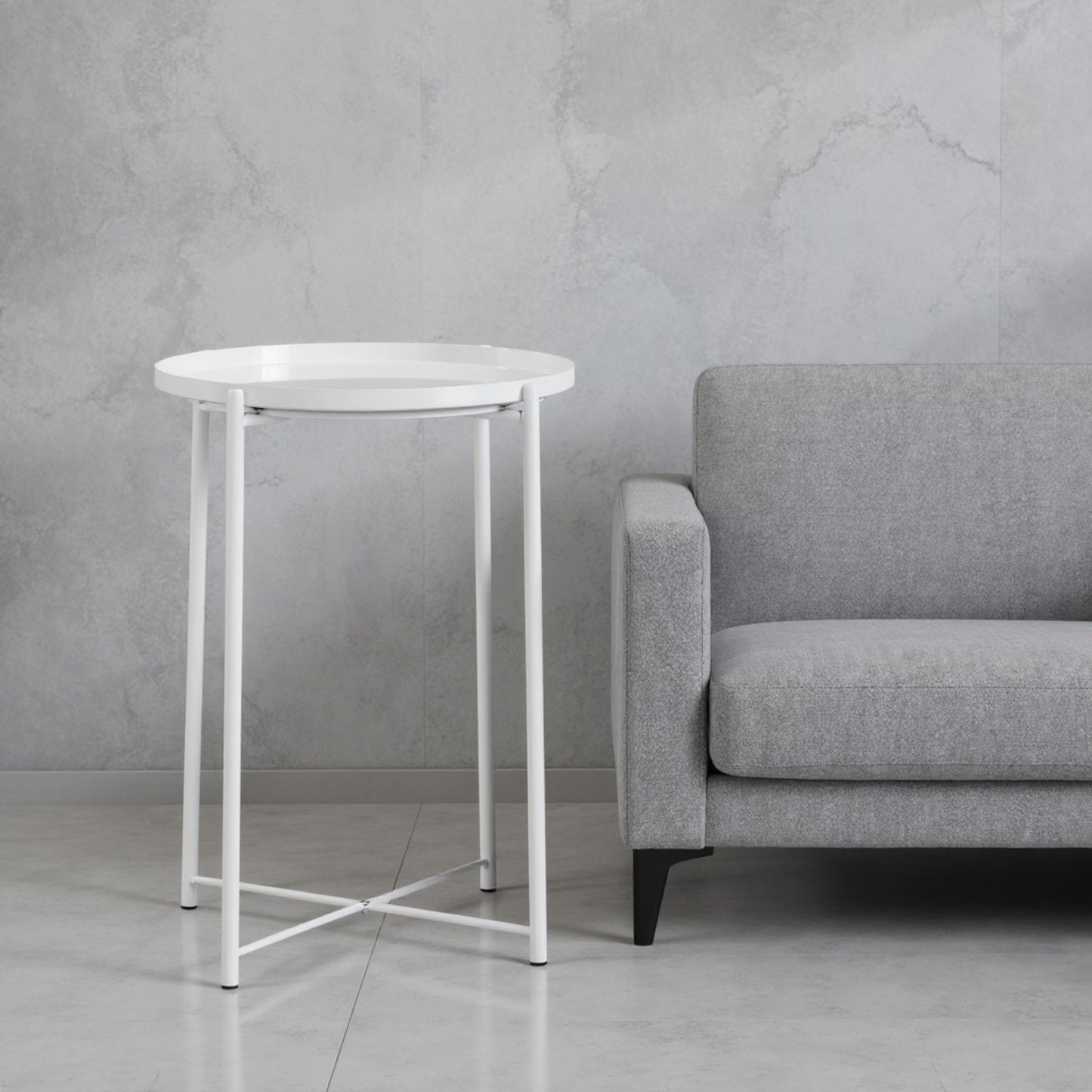 1x Modern White Metal Side Table, Round End Table with Metal X-Base - Ideal for Living Room, Bedroom, Small Spaces Corners