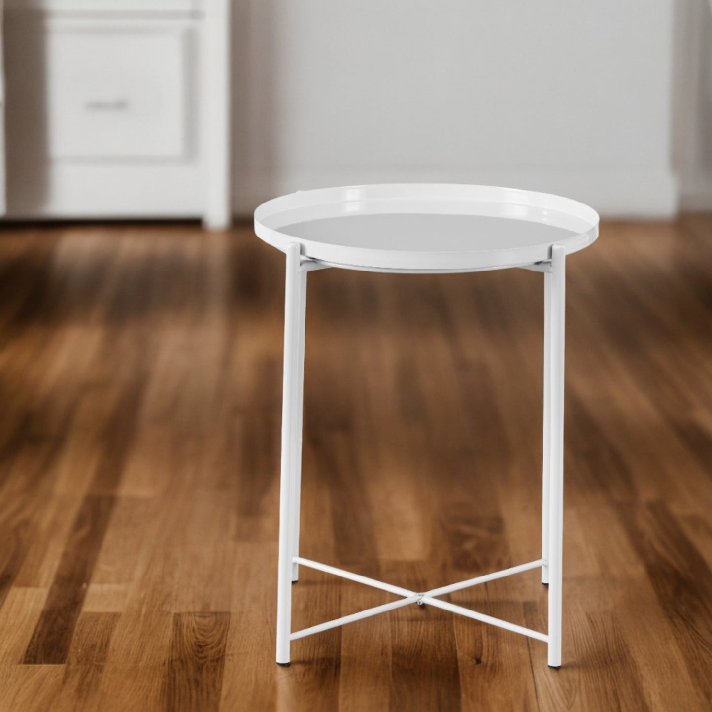 1x Modern White Metal Side Table, Round End Table with Metal X-Base - Ideal for Living Room, Bedroom, Small Spaces Corners
