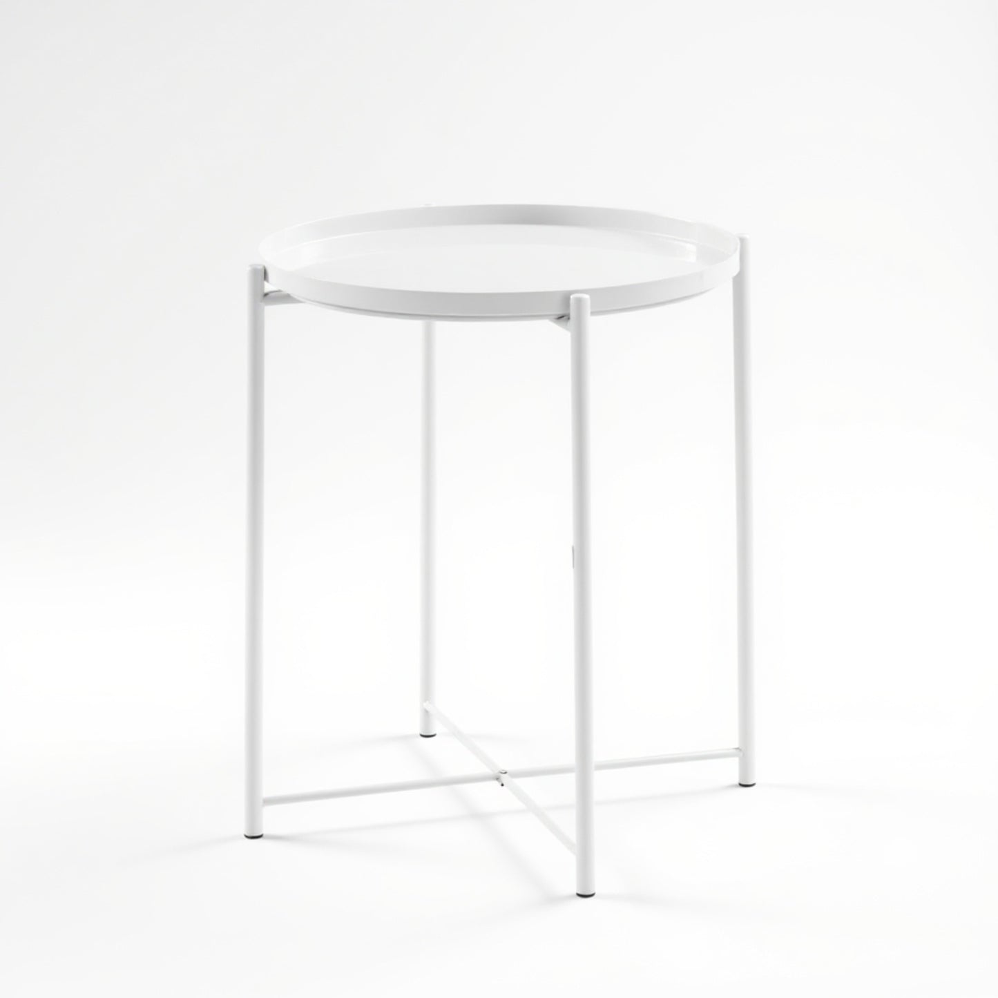 1x Modern White Metal Side Table, Round End Table with Metal X-Base - Ideal for Living Room, Bedroom, Small Spaces Corners