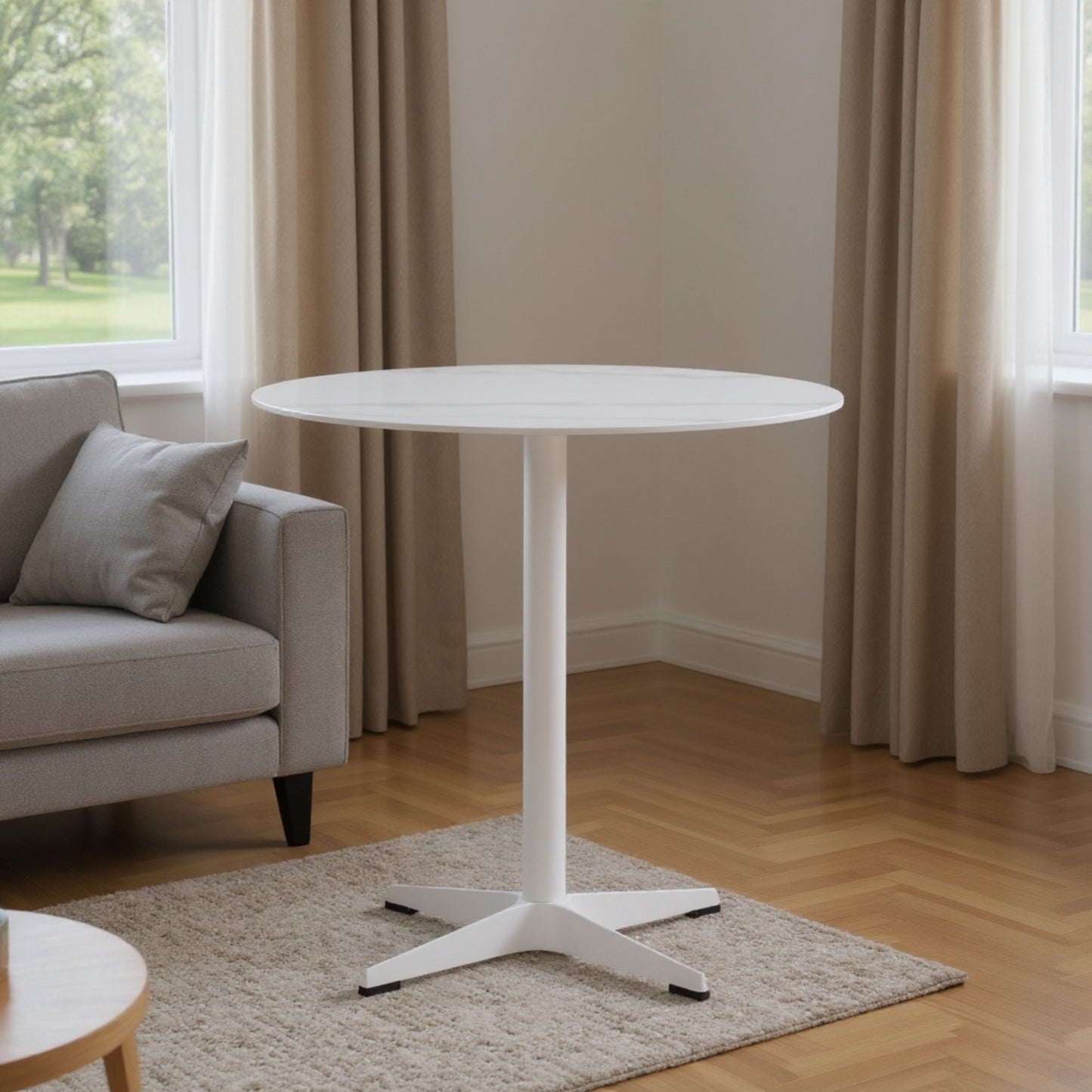 DEJINBU 1x 80CM Round table Dining Table White Marble Effect Sintered Stone Table Top White Metal Pedestal White Aluminium Base with Black Rubber feet