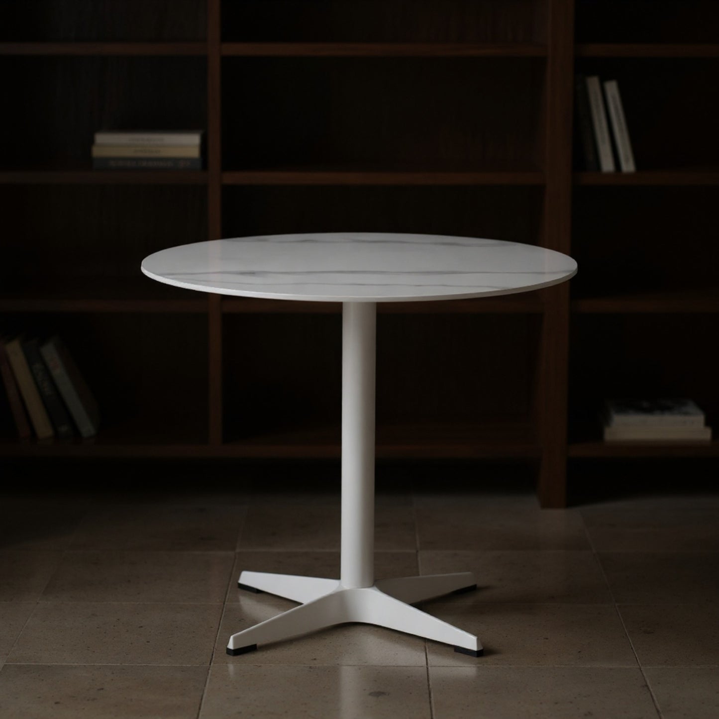 DEJINBU 1x 80CM Round table Dining Table White Marble Effect Sintered Stone Table Top White Metal Pedestal White Aluminium Base with Black Rubber feet