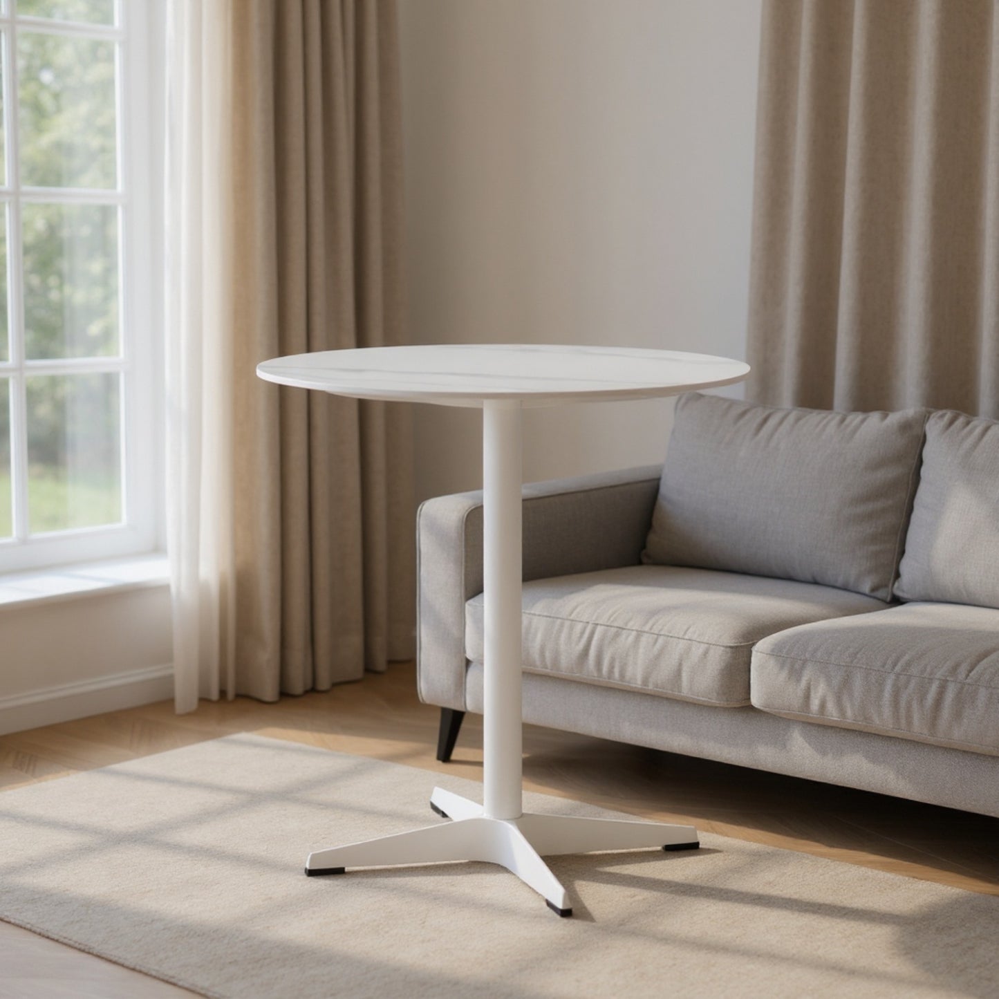 DEJINBU 1x 80CM Round table Dining Table White Marble Effect Sintered Stone Table Top White Metal Pedestal White Aluminium Base with Black Rubber feet