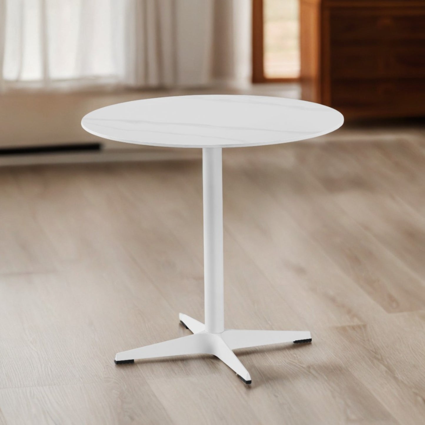 DEJINBU 1x 80CM Round table Dining Table White Marble Effect Sintered Stone Table Top White Metal Pedestal White Aluminium Base with Black Rubber feet