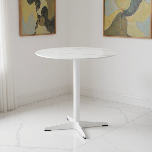 DEJINBU 1x 80CM Round table Dining Table White Marble Effect Sintered Stone Table Top White Metal Pedestal White Aluminium Base with Black Rubber feet