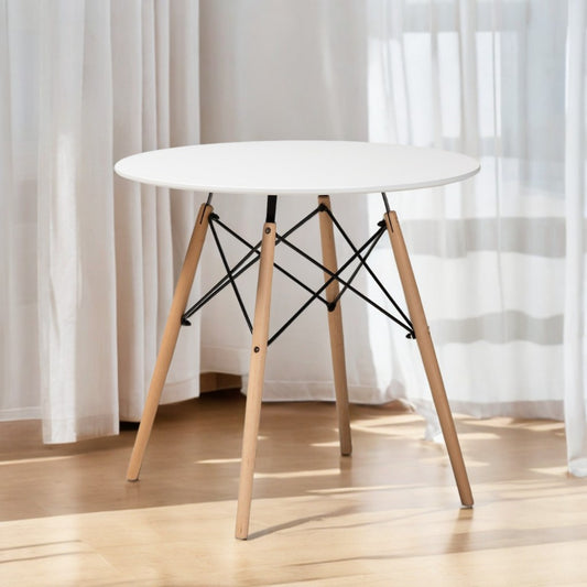 DEJINBU 1x Round Dining Table 80cm White Top Beech Wood Legs For Home Cafe Office
