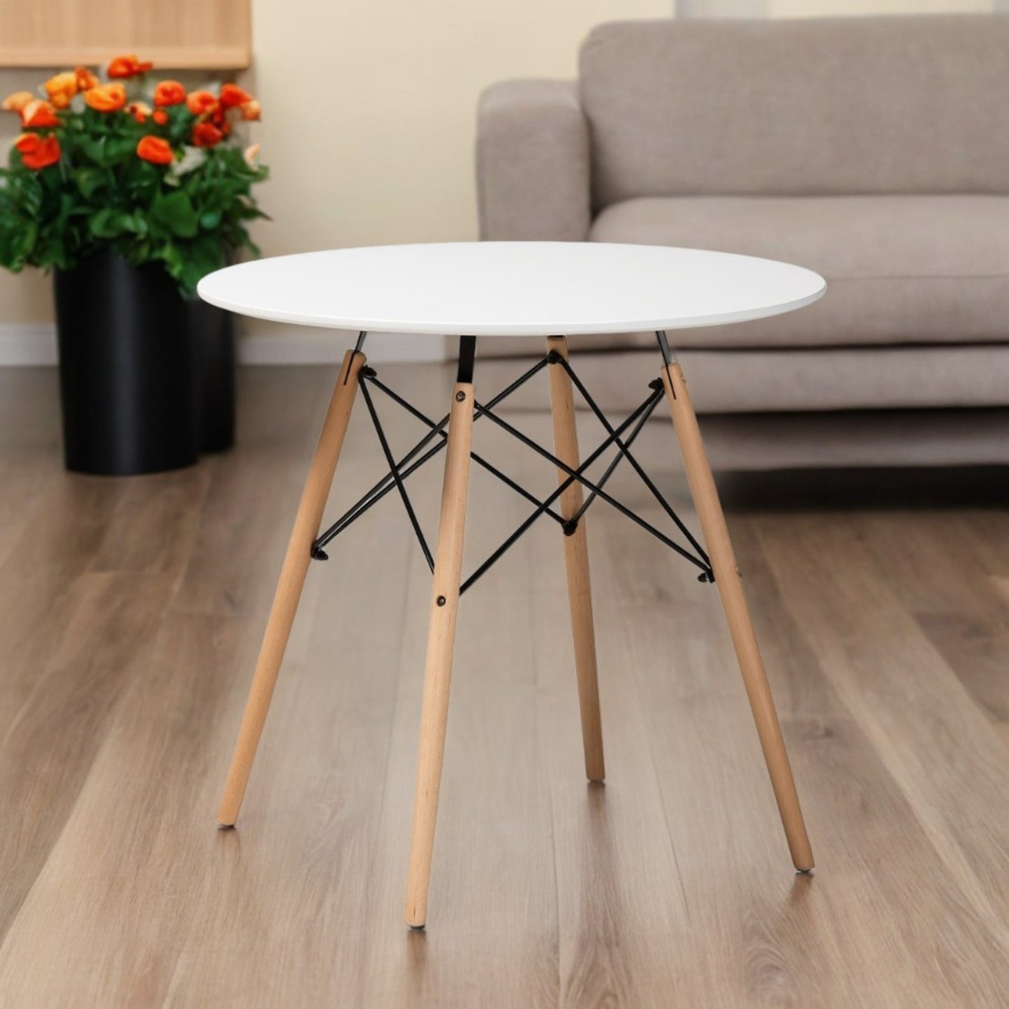 DEJINBU 1x Round Dining Table 80cm White Top Beech Wood Legs For Home Cafe Office