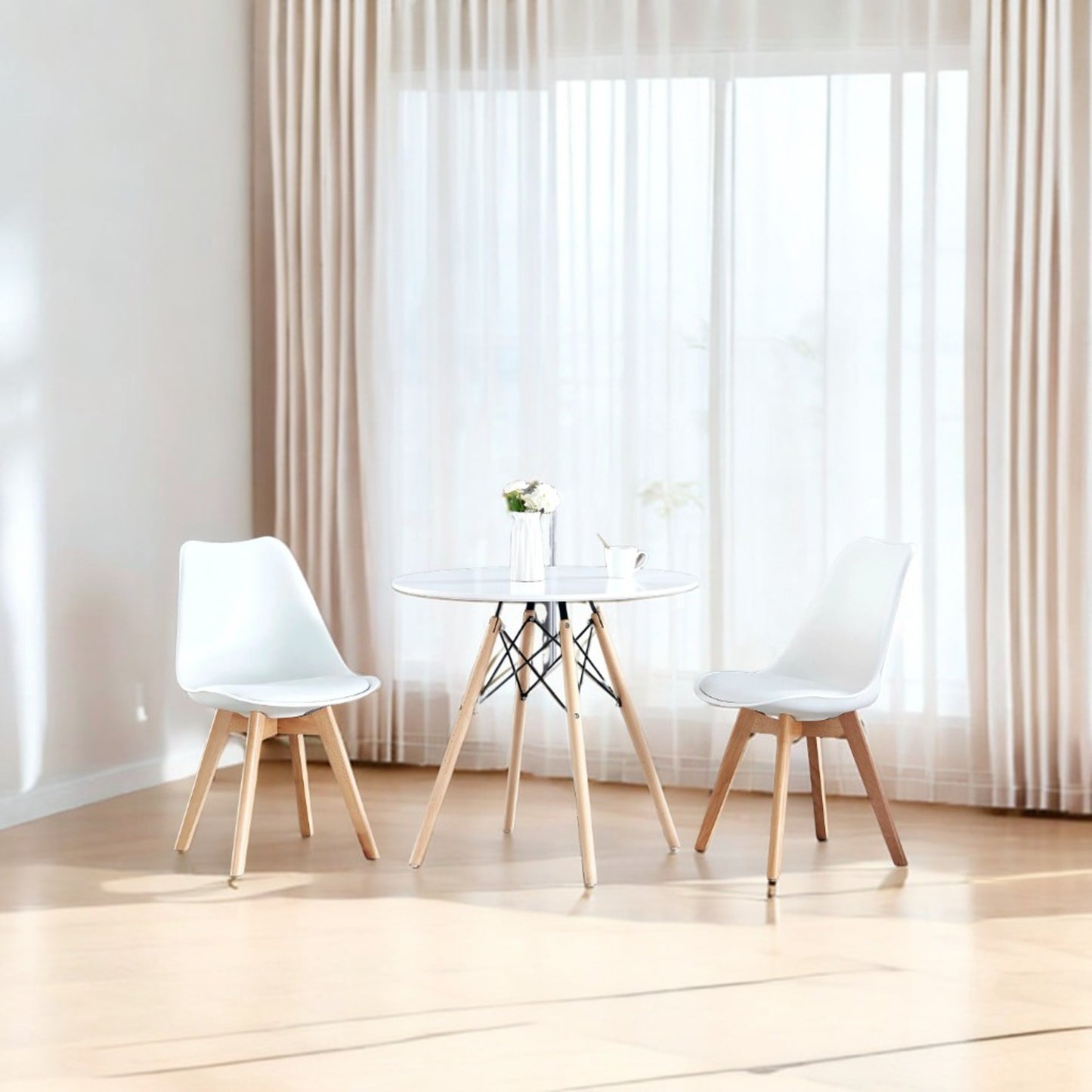 DEJINBU 3pcs Table Set 1x 80CM White Round Table With 2x White PP Padded Chair For Home Cafe Office