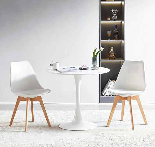 DEJINBU 3pcs Table Set 1x 80CM White Tulip Table With 2x White PP Padded Chair For Home Cafe Office