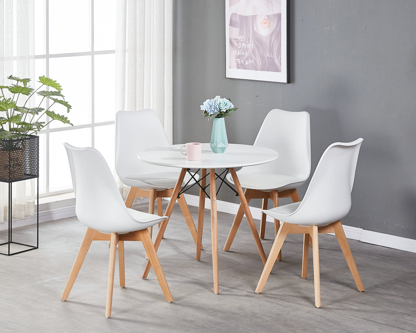 DEJINBU 3pcs Table Set 1x 80CM White Round Table With 2x White PP Padded Chair For Home Cafe Office