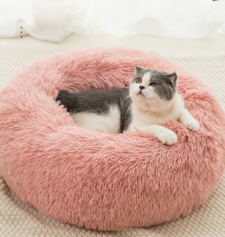 1x Pink Plush Round Pet Bed 50cm 60cm For Dog Cat