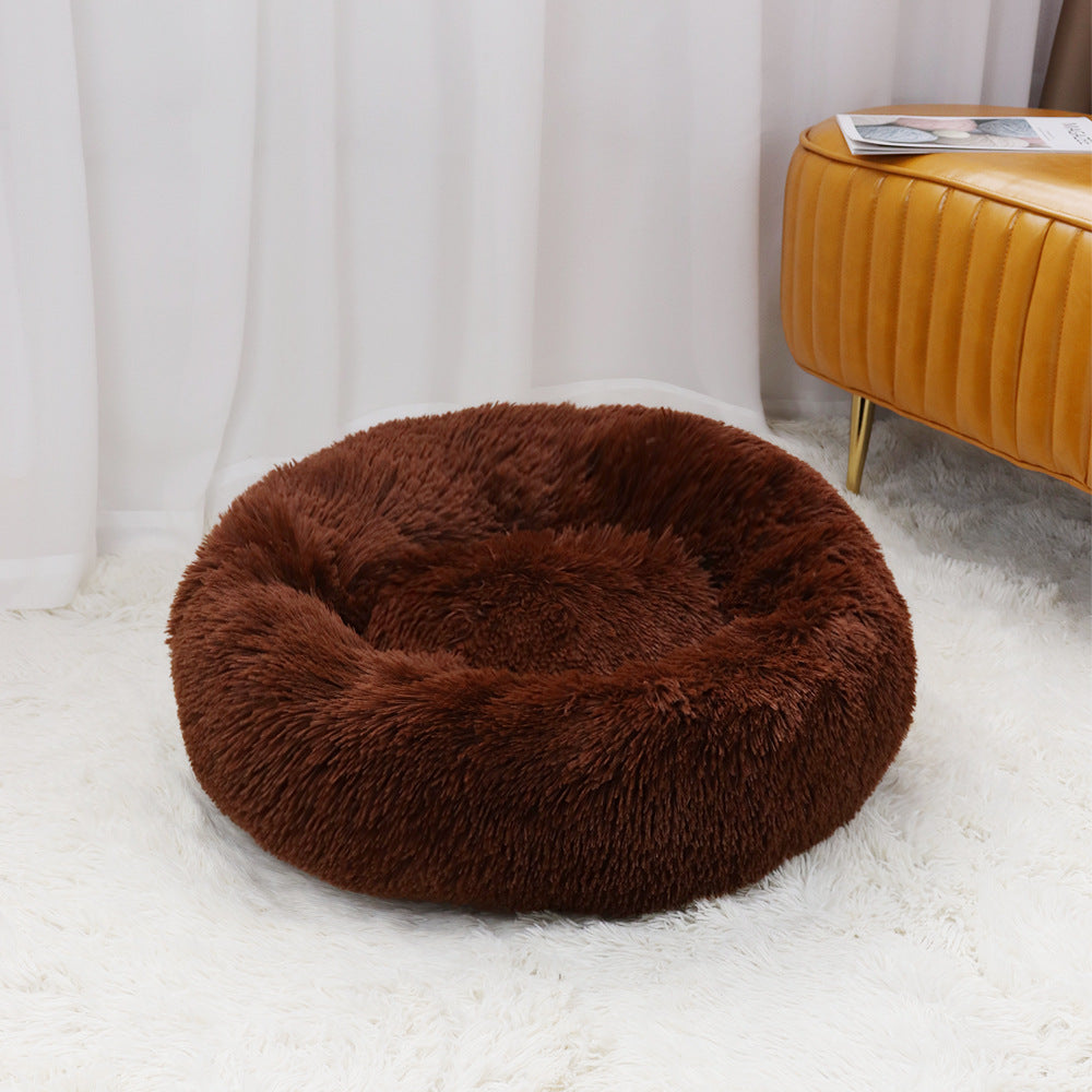 1x Brown Plush Round Pet Bed 50cm 60cm For Dog Cat