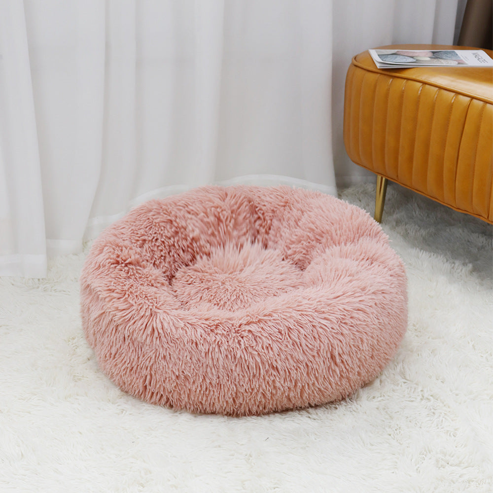 1x Pink Plush Round Pet Bed 50cm 60cm For Dog Cat