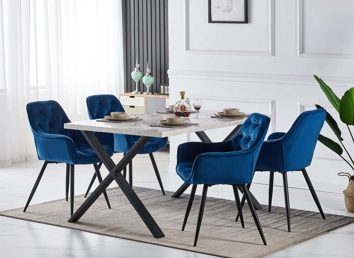 DEJINBU 1x Blue Velvet Armchair Dining Chair Tufted seat Black Metal Legs Home Cafe