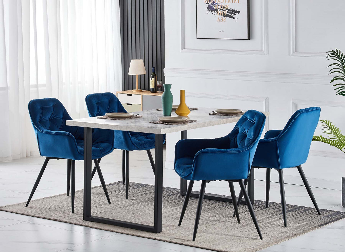 DEJINBU 1x Blue Velvet Armchair Dining Chair Tufted seat Black Metal Legs Home Cafe