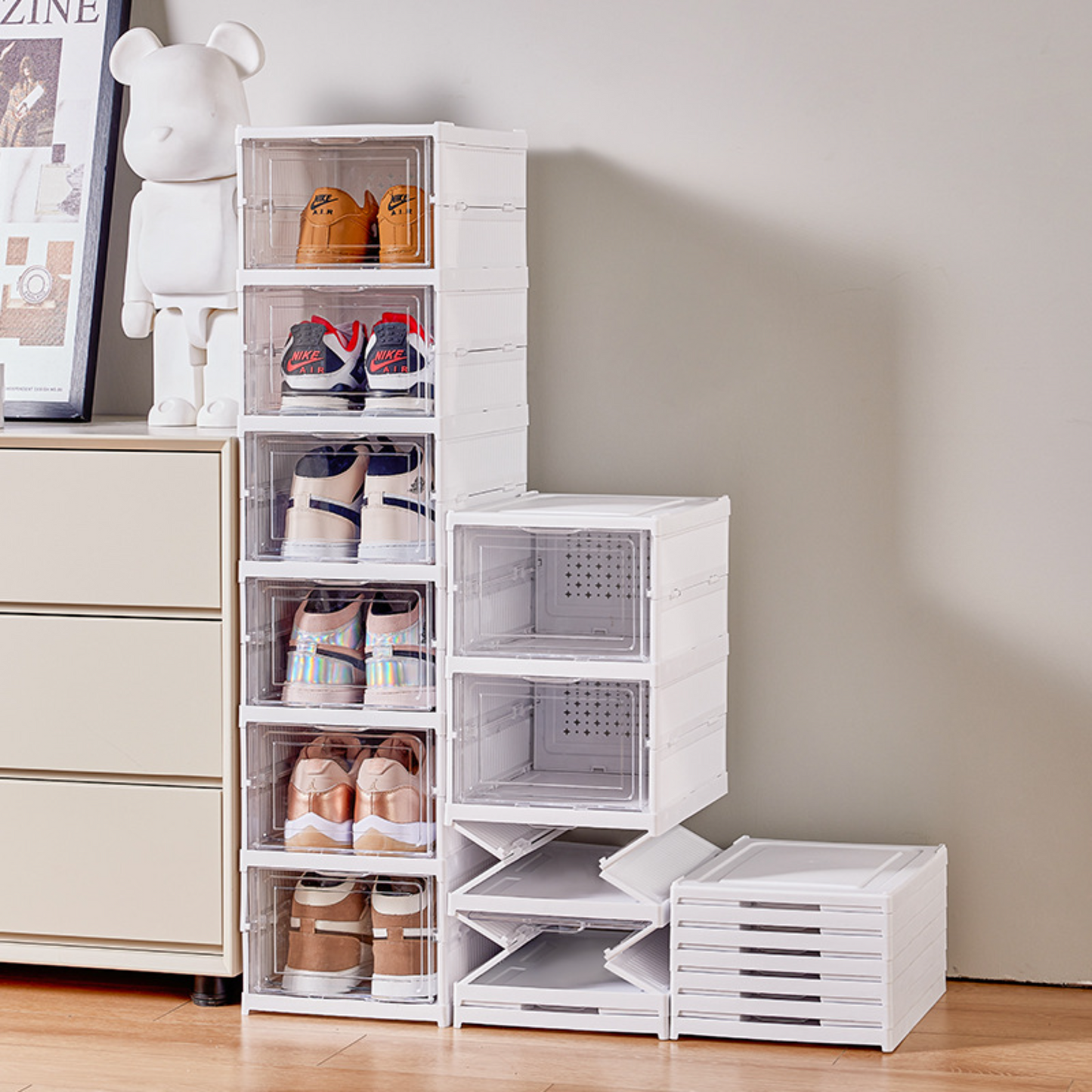 1x PP Foldable Shoe Storage Box 6 Pairs Single 6-Tiers Clear Door Space-Saving Organizer for Closet, Home Office Durable Transparent Shoe Rack