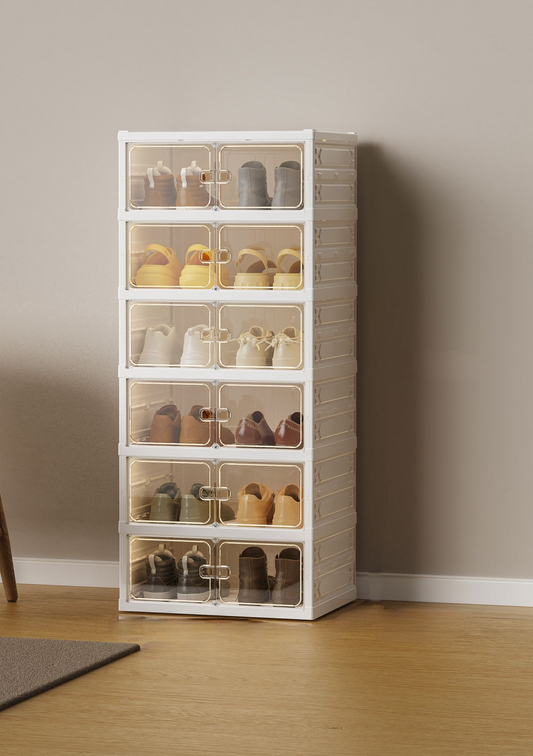 1x PP Foldable Shoe Storage Box 12 Paris Double 6-Tiers Clear Magnetic Closure Door Space-Saving Organizer for Closet, Home Office Durable Transparent Shoe Rack