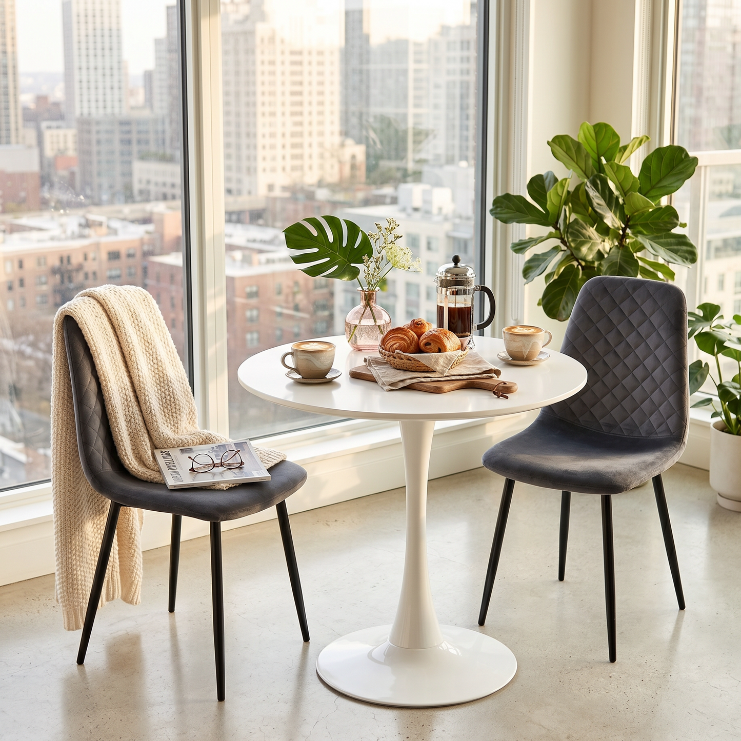 DEJINB 3pcs Table Set 1x 80CM White Tulip Table With 2x Grey Velvet Dining Chair For Home Cafe Office