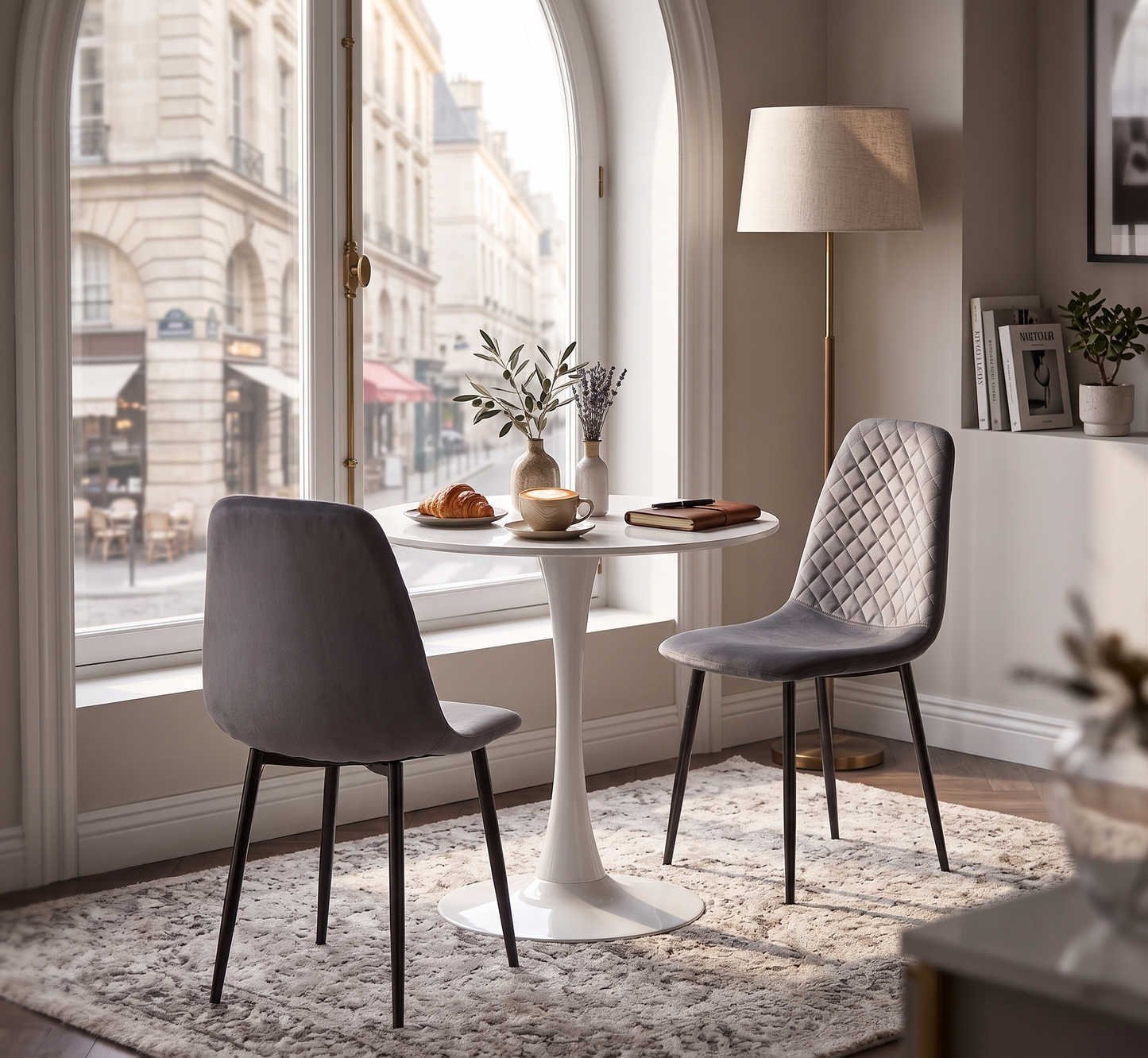 DEJINB 3pcs Table Set 1x 80CM White Tulip Table With 2x Grey Velvet Dining Chair For Home Cafe Office