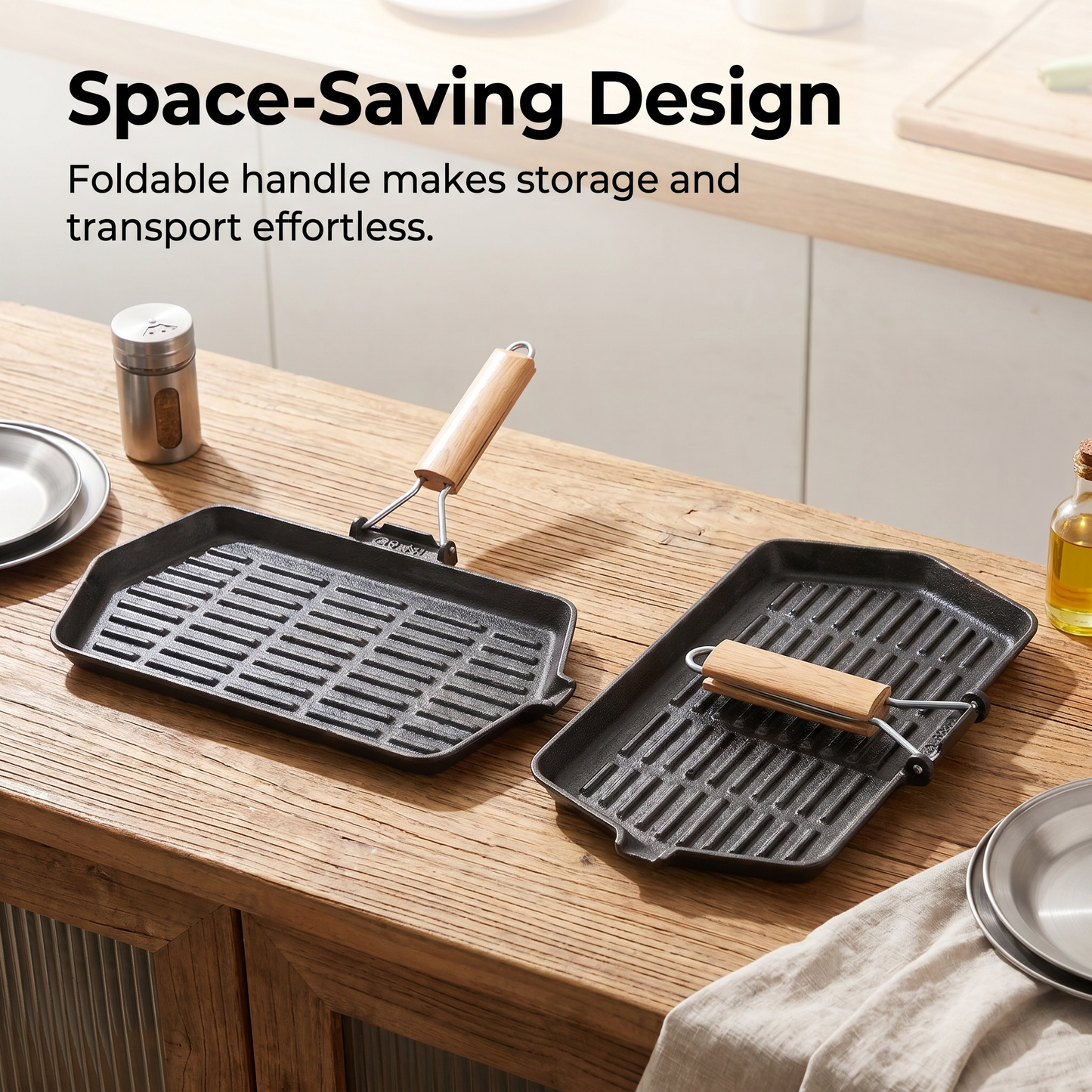 1x Foldable Handle Cast Iron Frying Pan (21x35cm) - Ridged Bottom, Solid Wood Grip, Multi-Stove Friendly, Heavy-Duty Cookware for Steak/Pancake/Home Meals