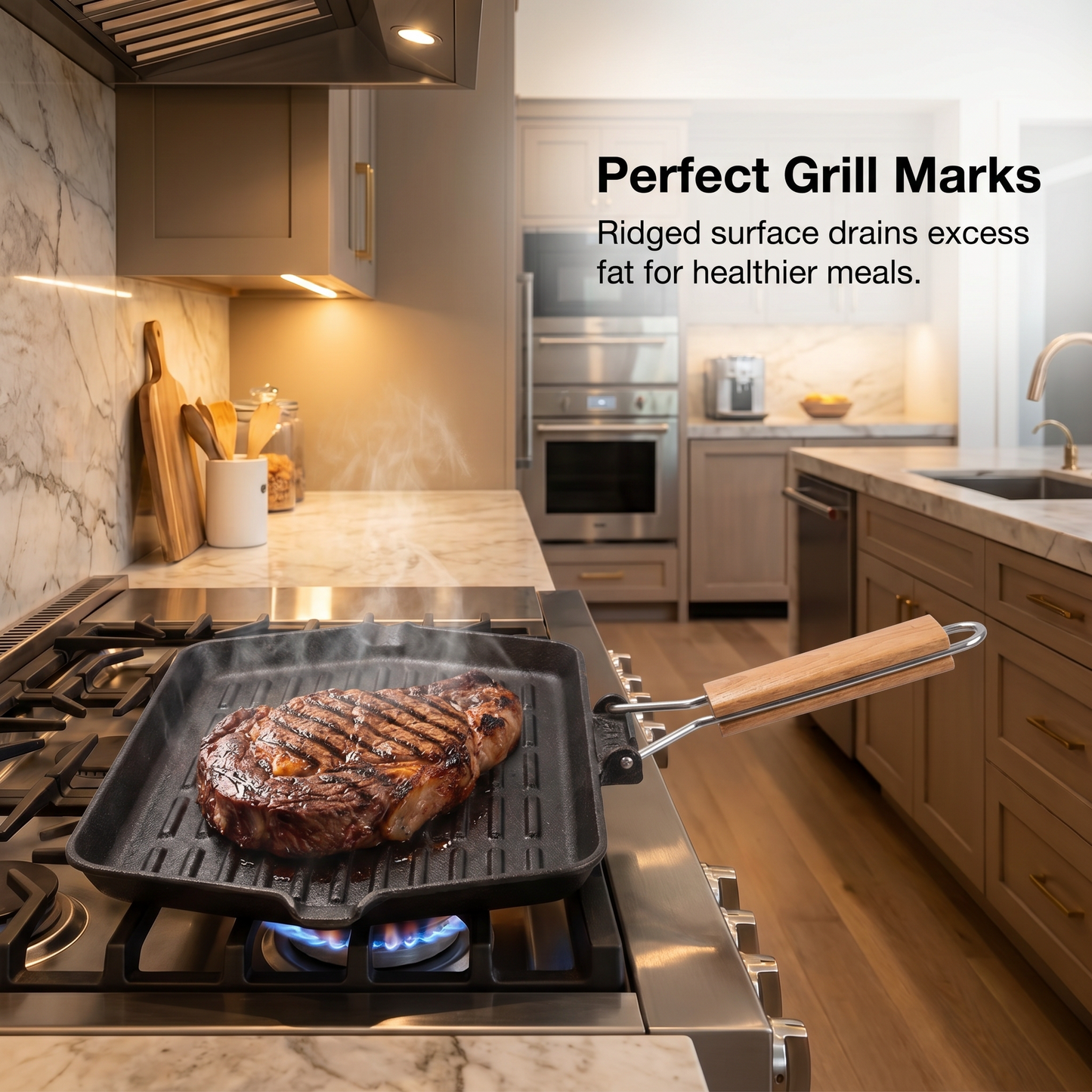 1x Foldable Handle Cast Iron Frying Pan (21x35cm) - Ridged Bottom, Solid Wood Grip, Multi-Stove Friendly, Heavy-Duty Cookware for Steak/Pancake/Home Meals