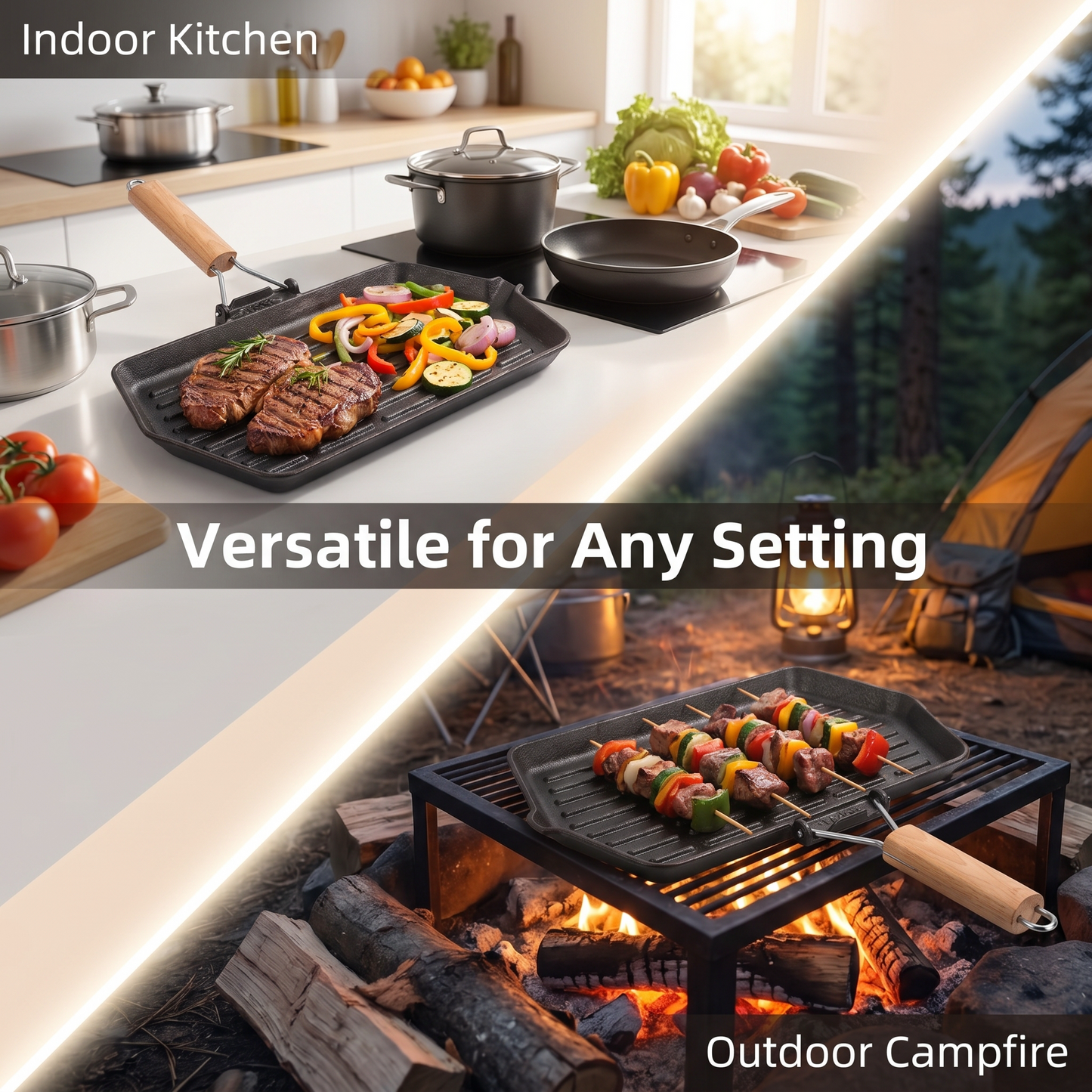 1x Foldable Handle Cast Iron Frying Pan (21x35cm) - Ridged Bottom, Solid Wood Grip, Multi-Stove Friendly, Heavy-Duty Cookware for Steak/Pancake/Home Meals
