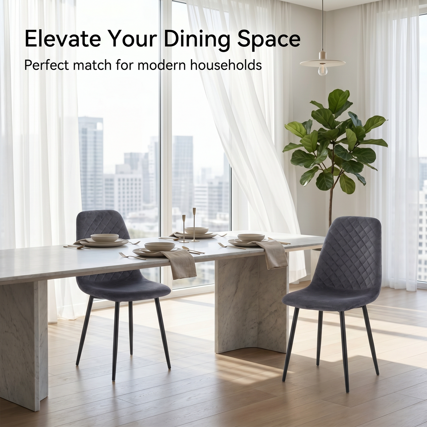 DEJINBU 2x Grey Velvet Dining Chairs Padded Seat Black Metal Legs For Home Cafe Office