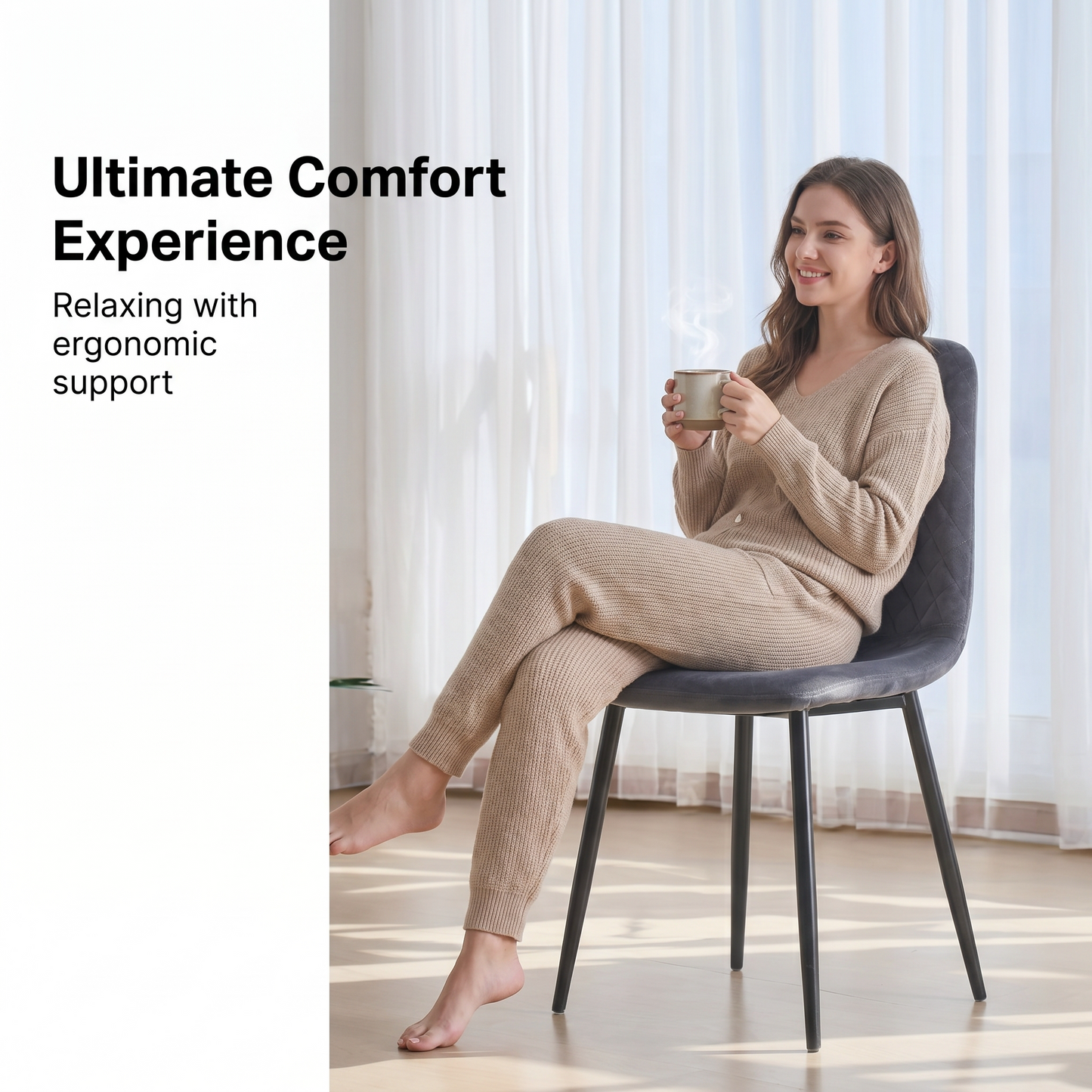 DEJINBU 2x Grey Velvet Dining Chairs Padded Seat Black Metal Legs For Home Cafe Office