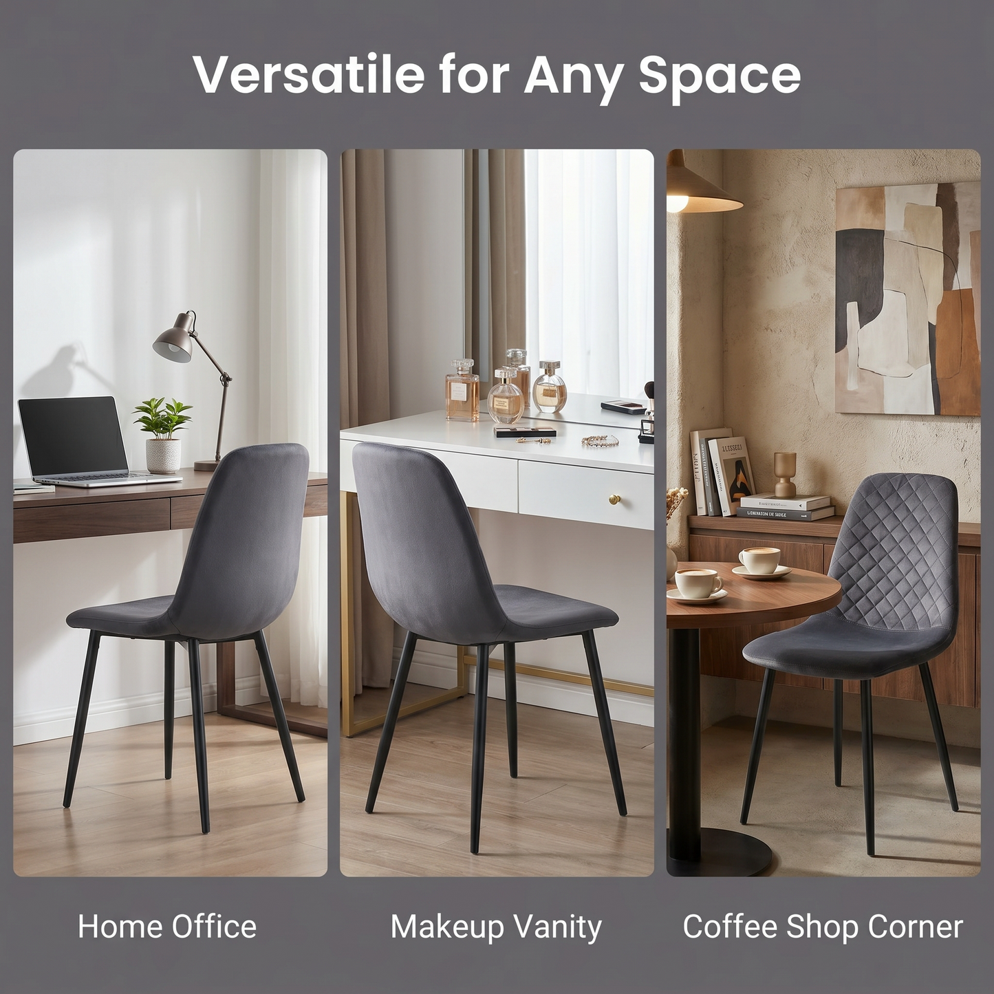 DEJINBU 2x Grey Velvet Dining Chairs Padded Seat Black Metal Legs For Home Cafe Office