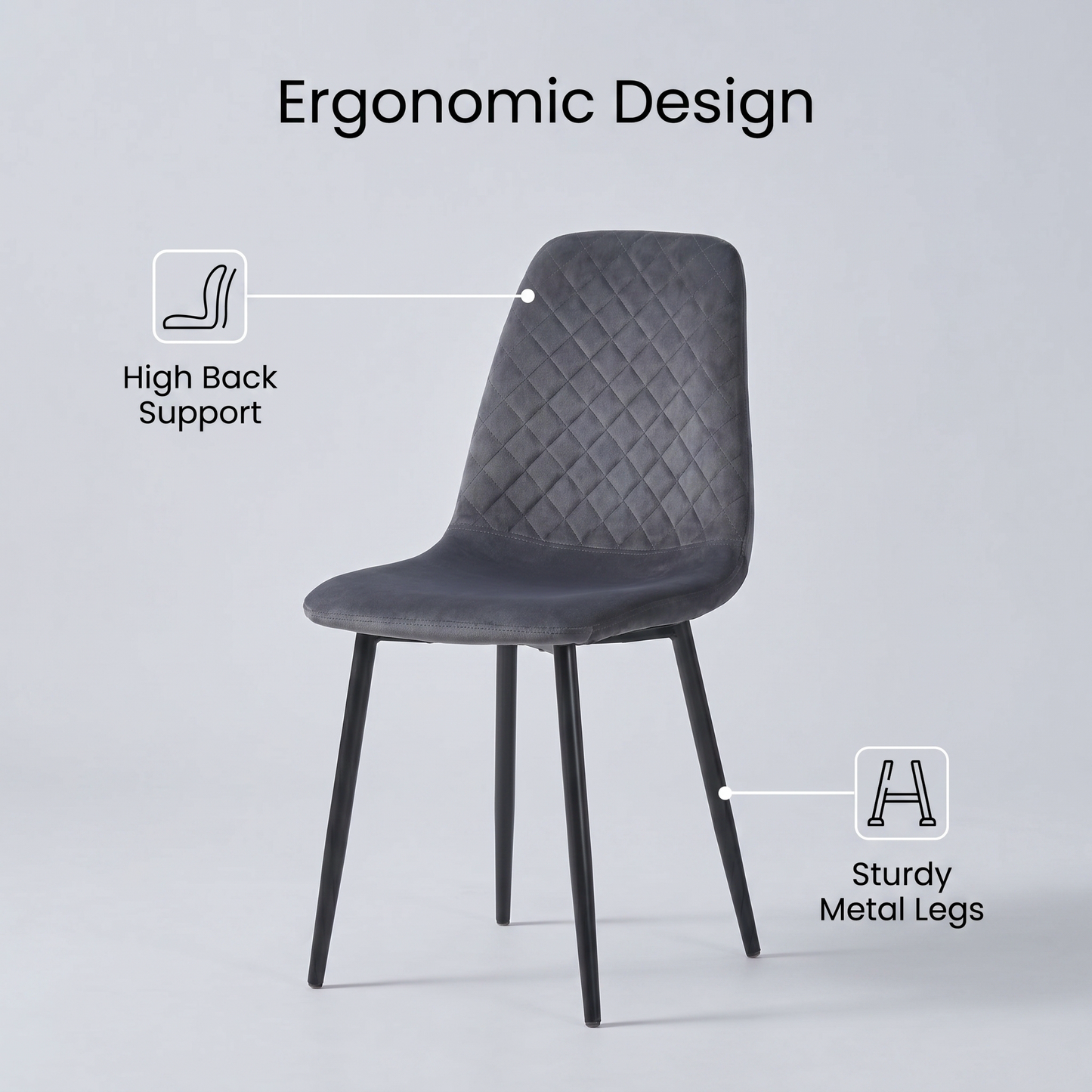 DEJINBU 2x Grey Velvet Dining Chairs Padded Seat Black Metal Legs For Home Cafe Office