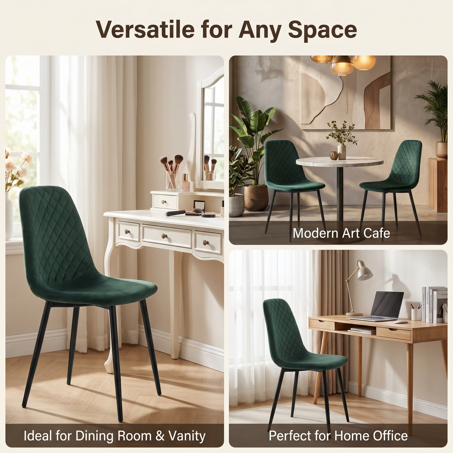 DEJINBU 2x Green Velvet Dining Chairs Padded Seat Black Metal Legs For Home Cafe Office