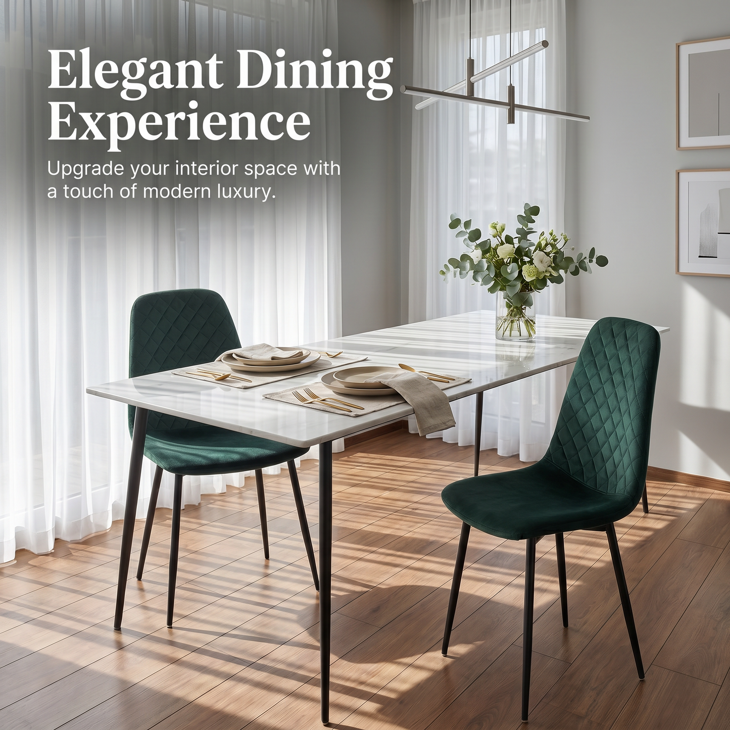 DEJINBU 2x Green Velvet Dining Chairs Padded Seat Black Metal Legs For Home Cafe Office