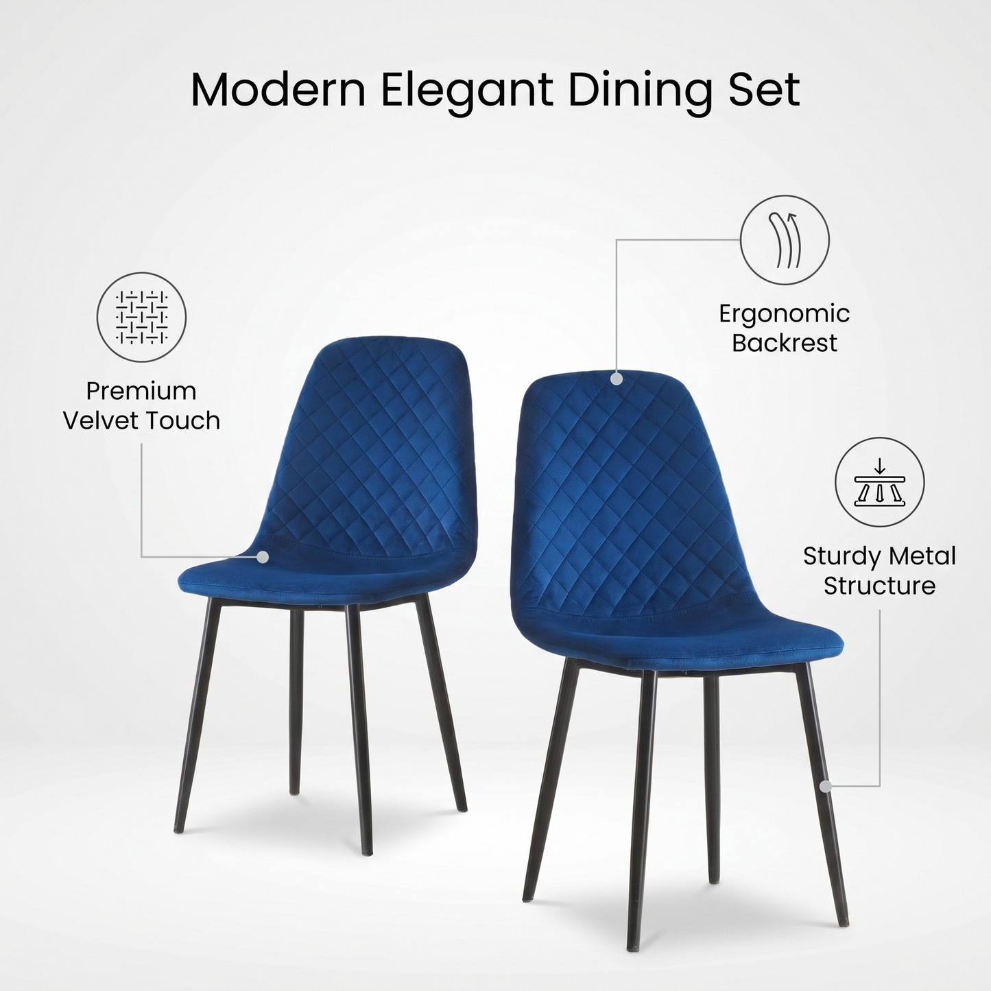 DEJINBU 2x Blue Velvet Dining Chairs Padded Seat Black Metal Legs For Home Cafe Office