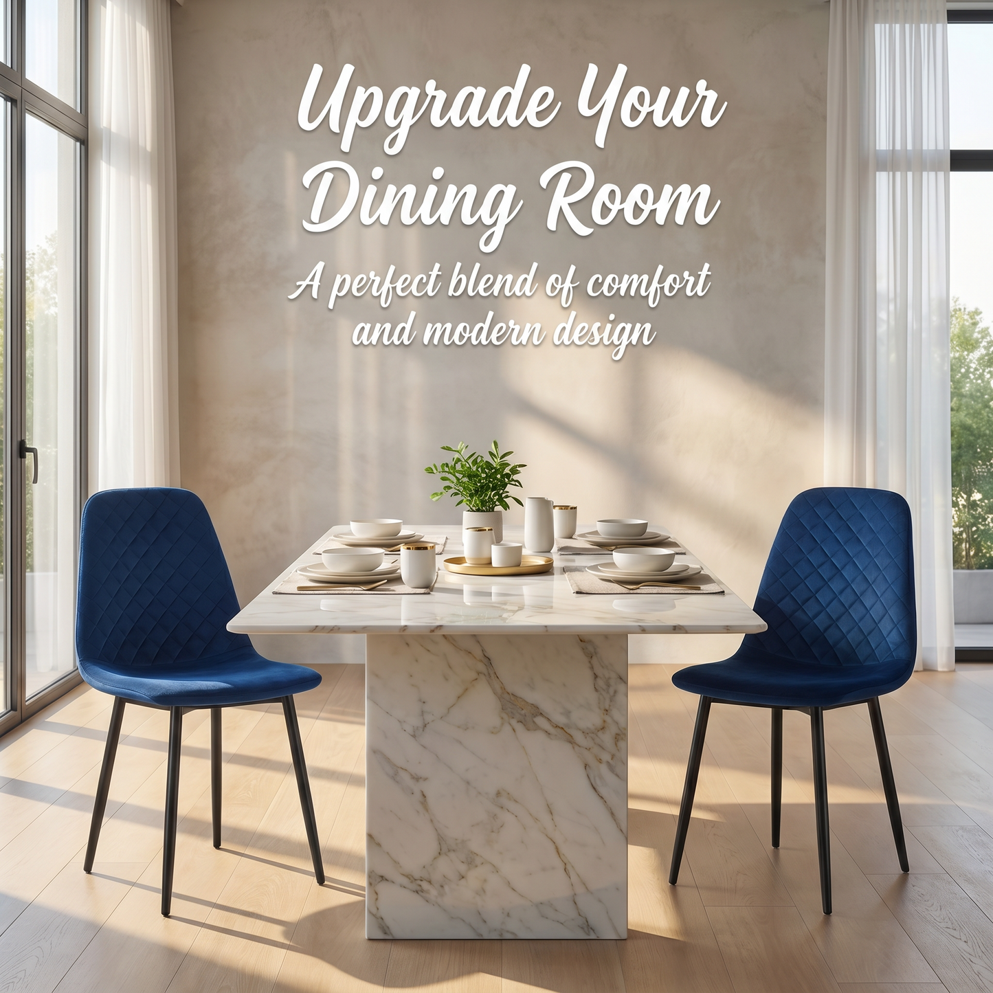 DEJINBU 2x Blue Velvet Dining Chairs Padded Seat Black Metal Legs For Home Cafe Office
