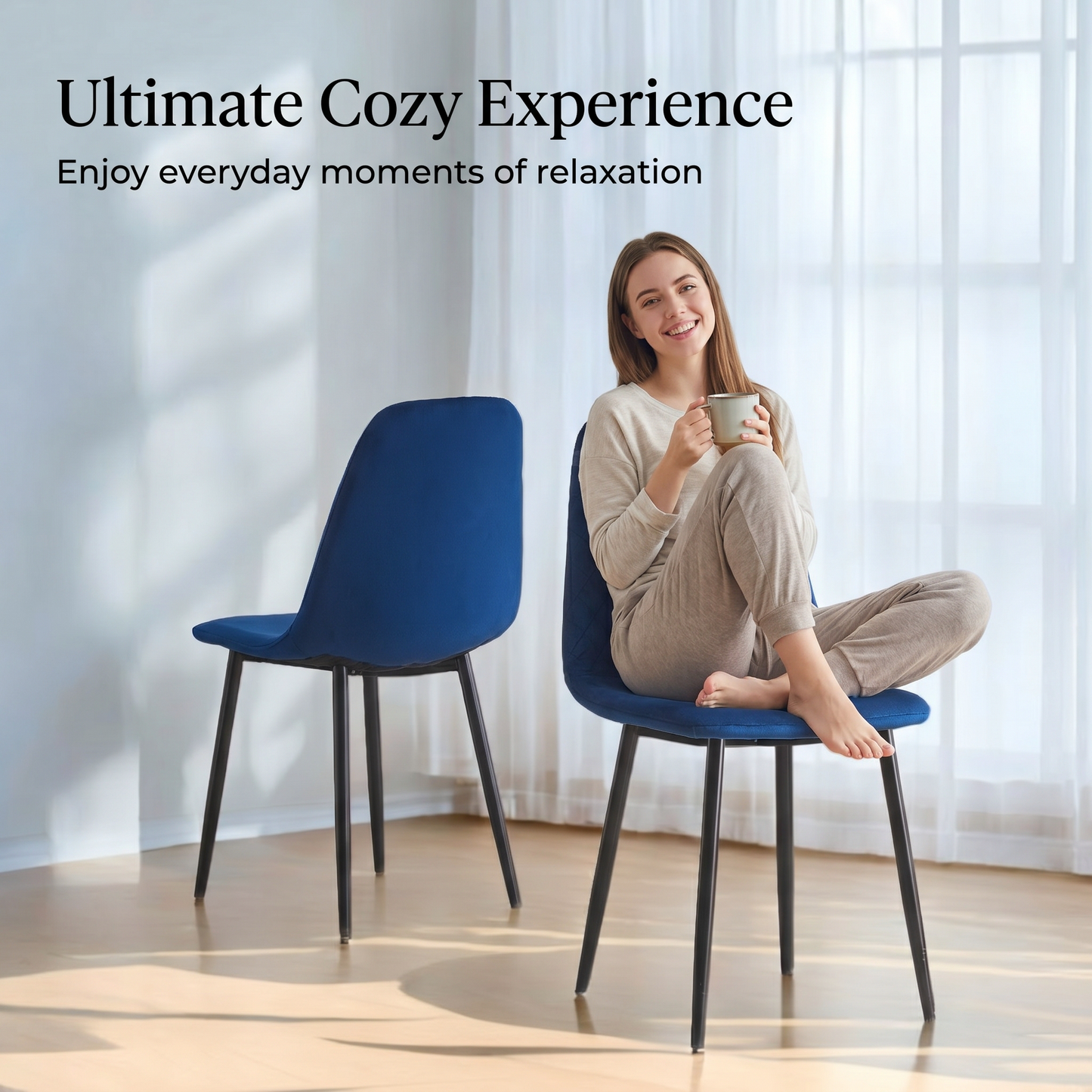 DEJINBU 2x Blue Velvet Dining Chairs Padded Seat Black Metal Legs For Home Cafe Office