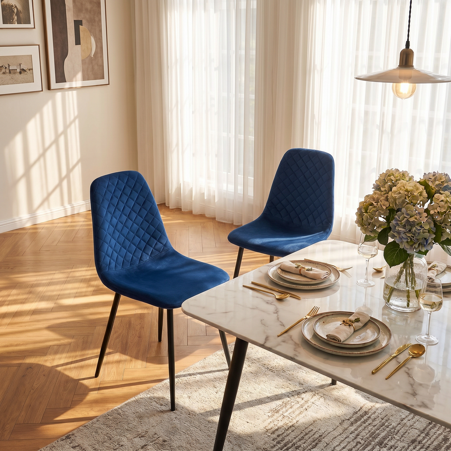 DEJINBU 2x Blue Velvet Dining Chairs Padded Seat Black Metal Legs For Home Cafe Office