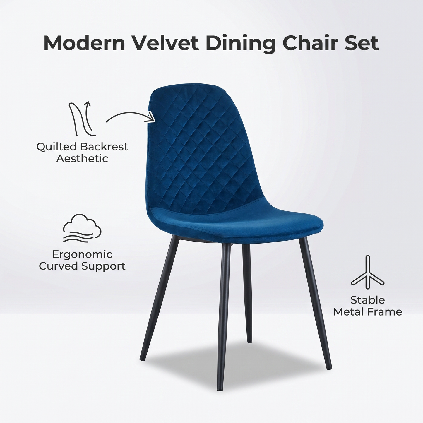 DEJINBU 4x Blue Velvet Dining Chairs Padded Seat Black Metal Legs For Home Cafe Office