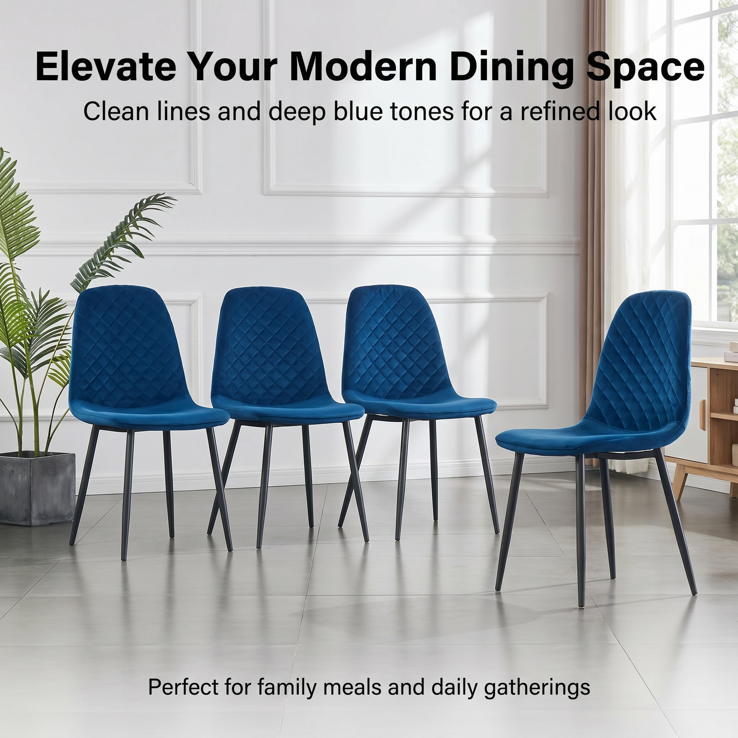DEJINBU 4x Blue Velvet Dining Chairs Padded Seat Black Metal Legs For Home Cafe Office