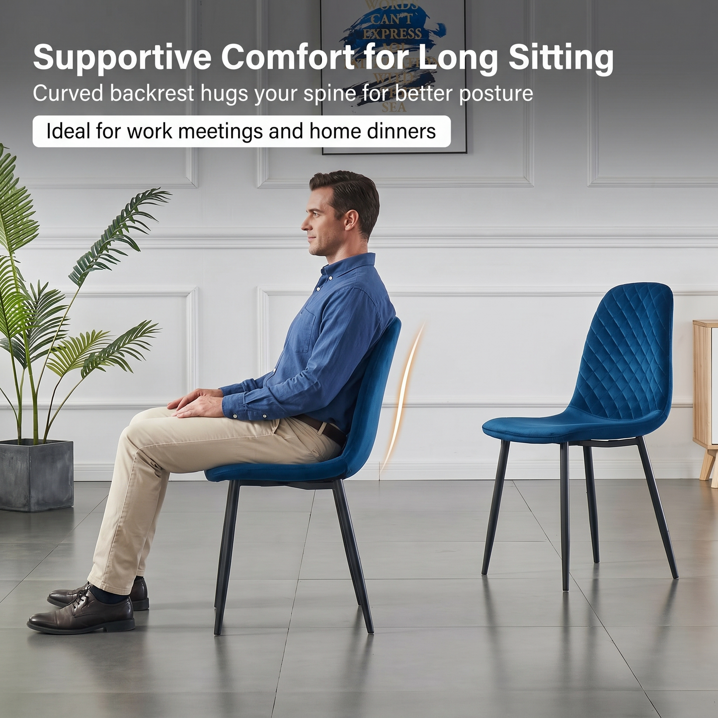 DEJINBU 4x Blue Velvet Dining Chairs Padded Seat Black Metal Legs For Home Cafe Office