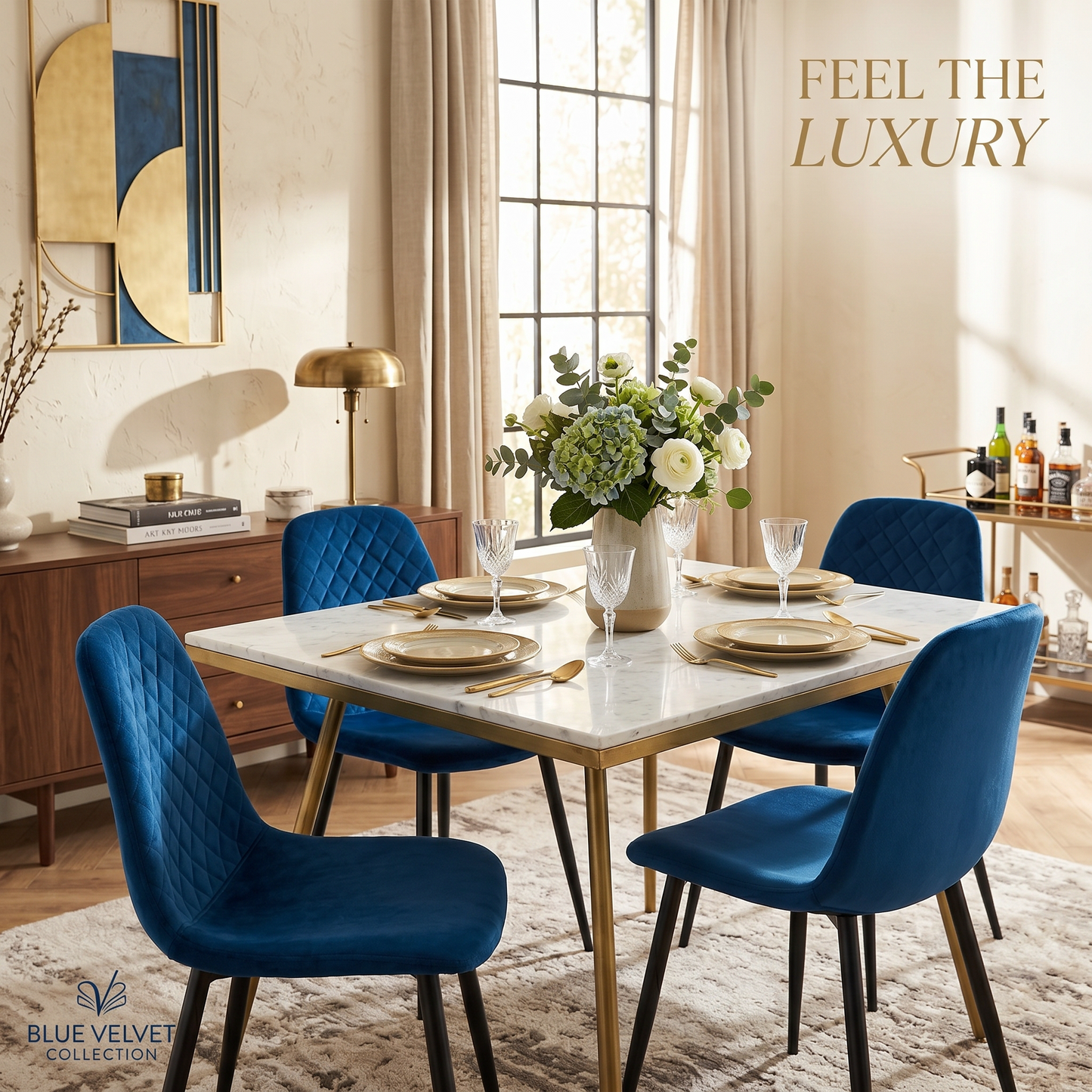 DEJINBU 4x Blue Velvet Dining Chairs Padded Seat Black Metal Legs For Home Cafe Office