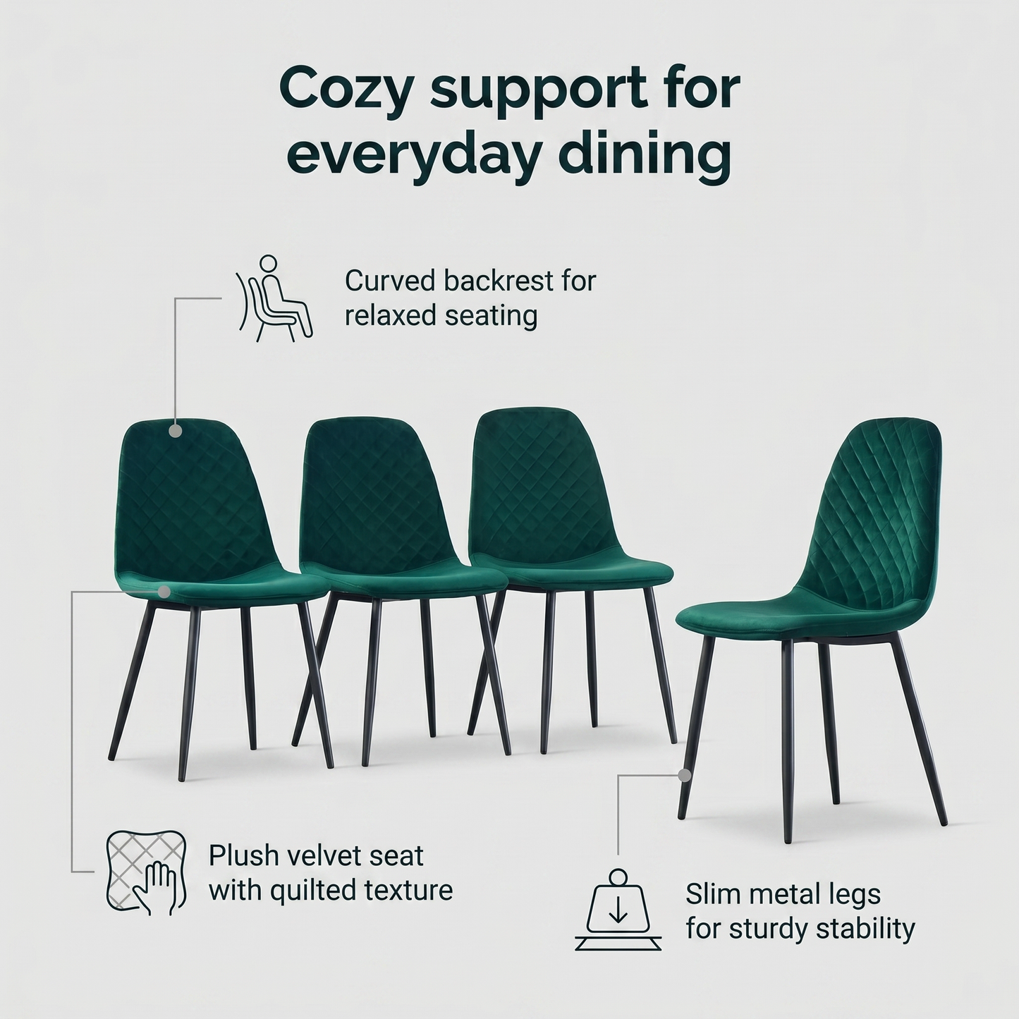 DEJINBU 4x Green Velvet Dining Chairs Padded Seat Black Metal Legs For Home Cafe Office