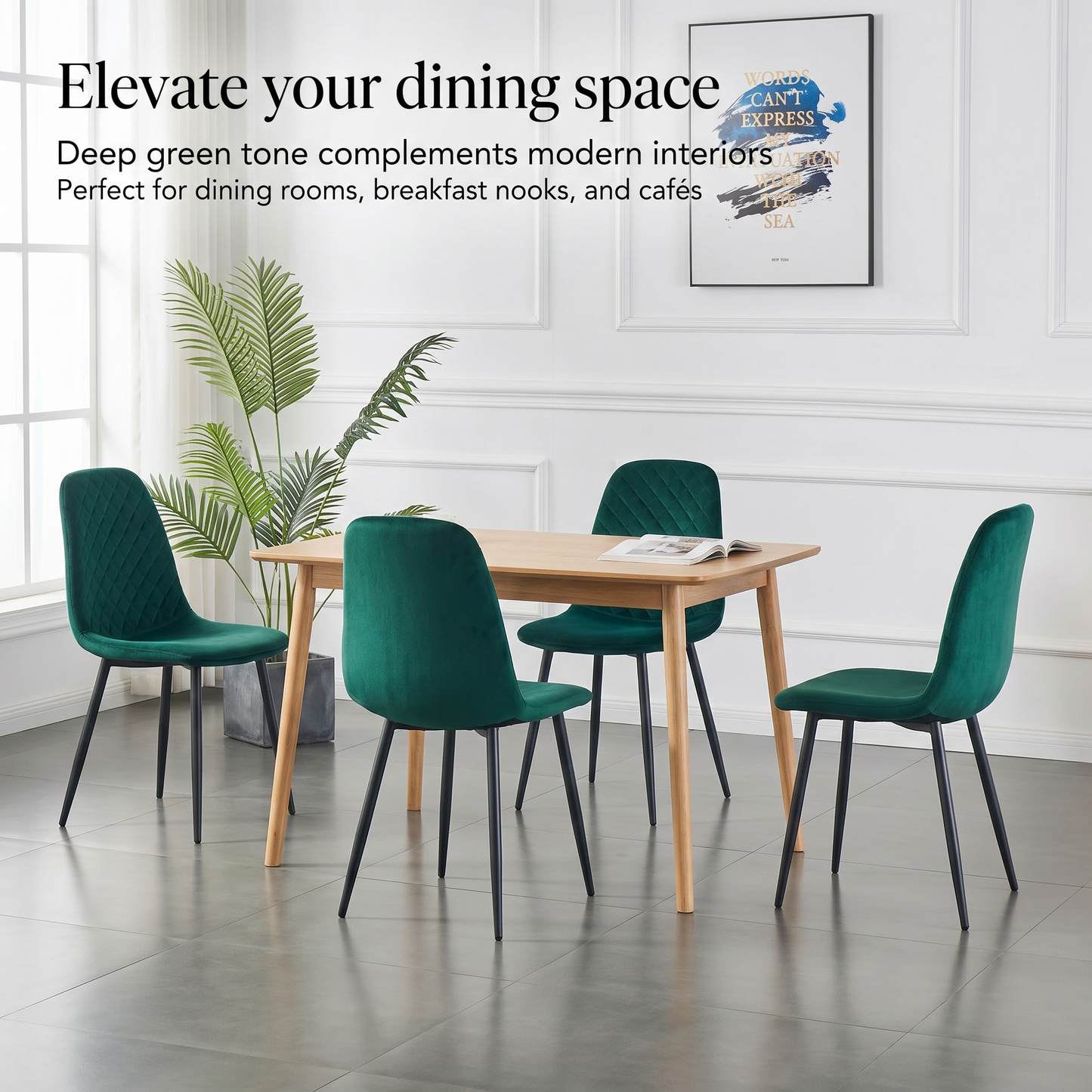DEJINBU 4x Green Velvet Dining Chairs Padded Seat Black Metal Legs For Home Cafe Office
