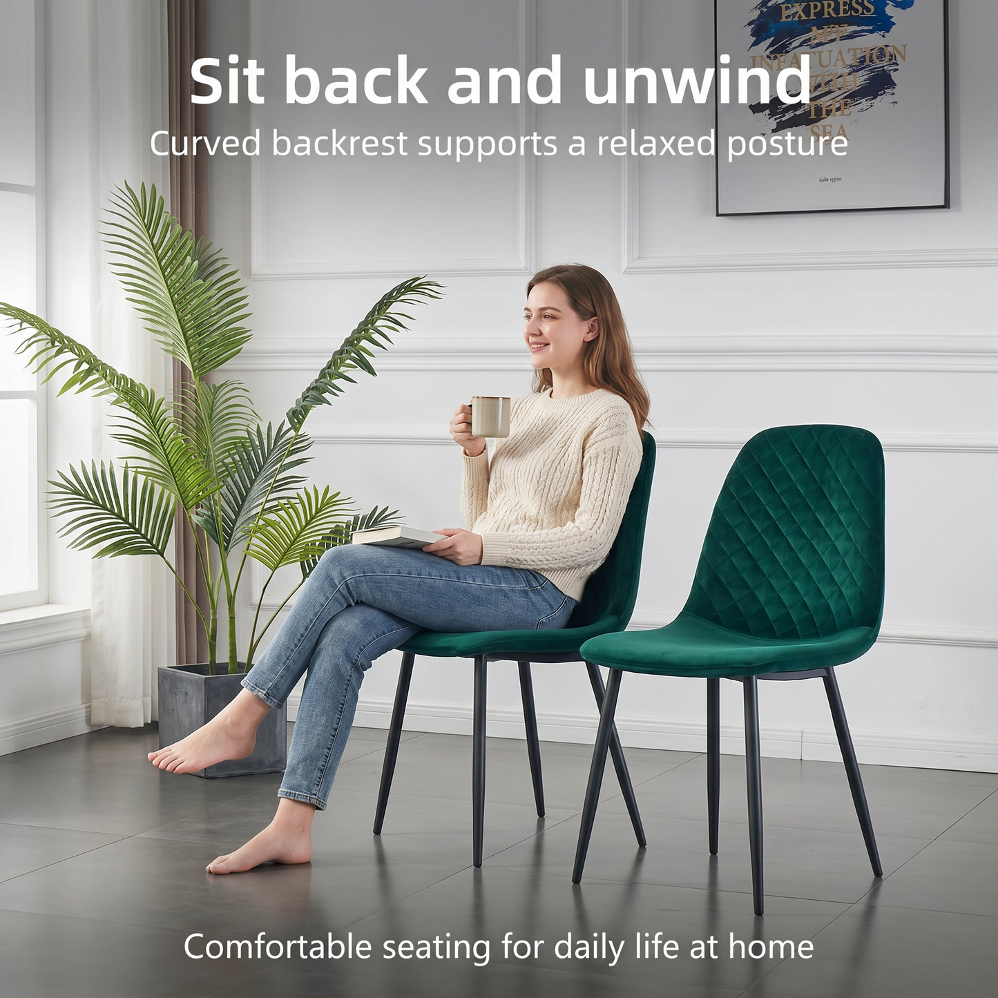 DEJINBU 4x Green Velvet Dining Chairs Padded Seat Black Metal Legs For Home Cafe Office