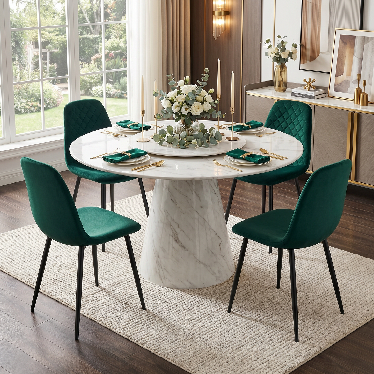 DEJINBU 4x Green Velvet Dining Chairs Padded Seat Black Metal Legs For Home Cafe Office