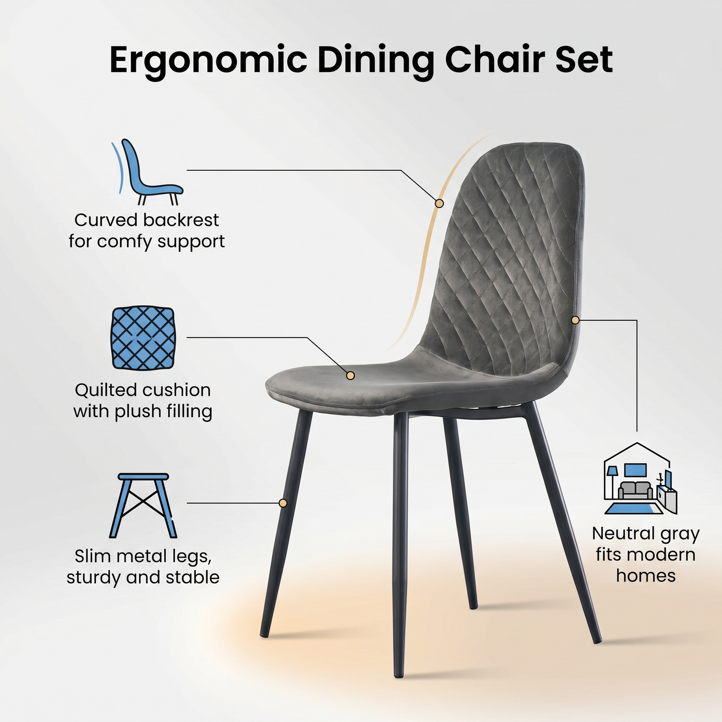 DEJINBU 4x Grey Velvet Dining Chairs Padded Seat Black Metal Legs For Home Cafe Office